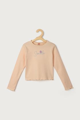 solid cotton round neck girls top - peach