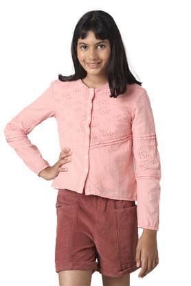 solid cotton round neck girls top - peach