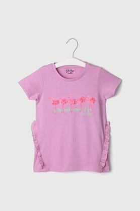 solid cotton round neck girls top - pink