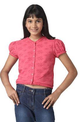 solid cotton round neck girls top - pink