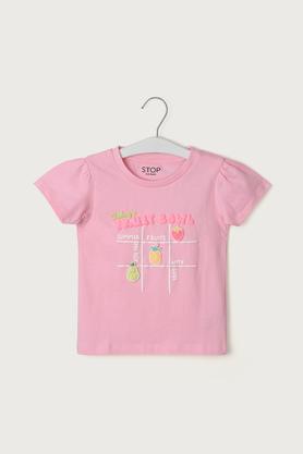 solid cotton round neck girls top - pink