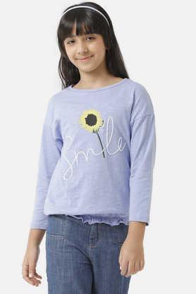 solid cotton round neck girls top - purple