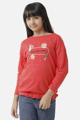 solid cotton round neck girls top - red