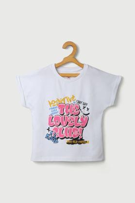 solid cotton round neck girls top - white