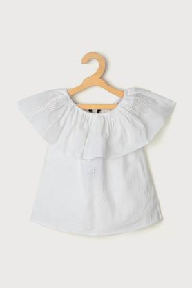 solid cotton round neck girls top - white