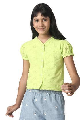 solid cotton round neck girls top - yellow