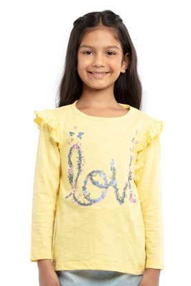 solid cotton round neck girls top - yellow
