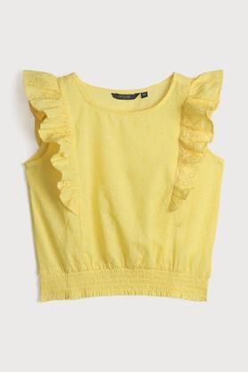 solid cotton round neck girls top - yellow