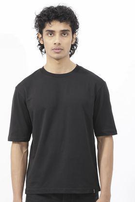 solid cotton round neck men's t-shirt - black