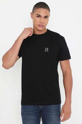 solid cotton round neck men's t-shirt - black