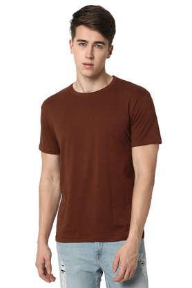 solid cotton round neck men's t-shirt - brown