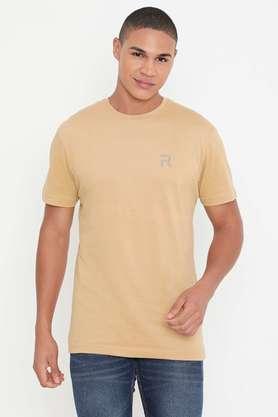 solid cotton round neck men's t-shirt - khaki