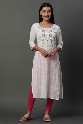 solid cotton round neck women's casual wear kurta - white