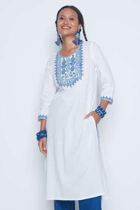 solid cotton round neck women's casual wear kurta - white