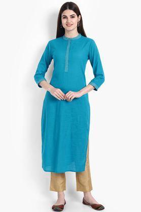 solid cotton round neck women's casual wear kurti - turquoise