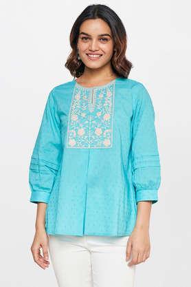 solid cotton round neck women's casual wear top - turquoise