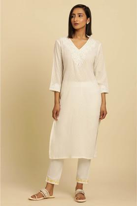 solid cotton round neck women's festive wear kurta - ecru