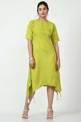 solid cotton round neck women's festive wear kurta - green