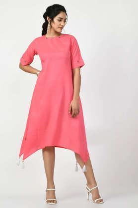 solid cotton round neck women's festive wear kurta - pink