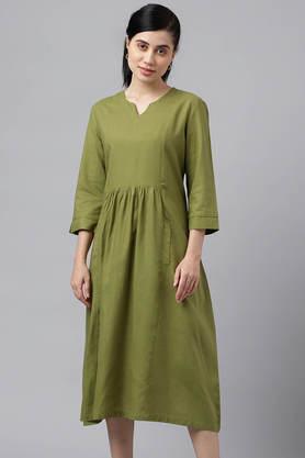 solid cotton round neck women's formal dress - green