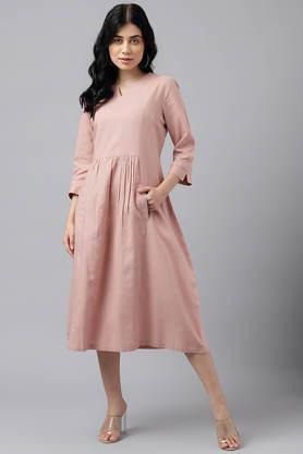 solid cotton round neck women's formal dress - pink
