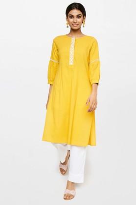solid cotton round neck women's formal wear kurta - mustard