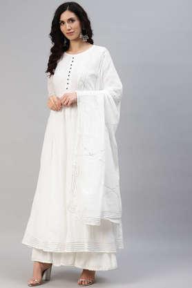 solid cotton round neck women's gown with dupatta - white