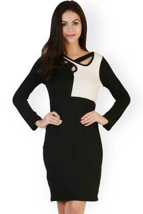 solid cotton round neck women's knee length dress - black