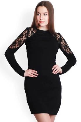 solid cotton round neck women's knee length dress - black