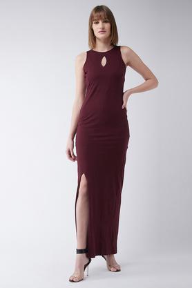 solid cotton round neck women's knee length dress - maroon