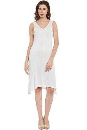 solid cotton round neck women's knee length dress - off white