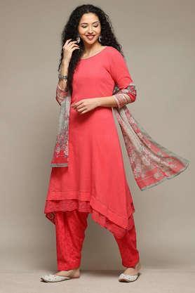 solid cotton round neck women's kurta trouser dupatta set - pink
