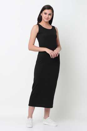solid cotton round neck women's maxi dress - black
