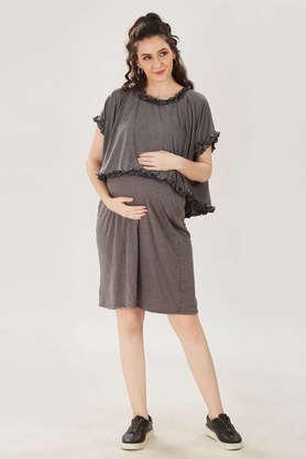 solid cotton round neck women's maxi dress - grey