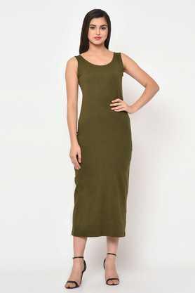 solid cotton round neck women's maxi dress - olive