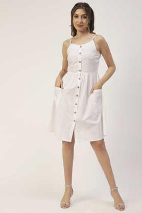 solid cotton round neck women's maxi dress - white