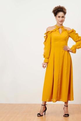 solid cotton round neck women's maxi dress - yellow