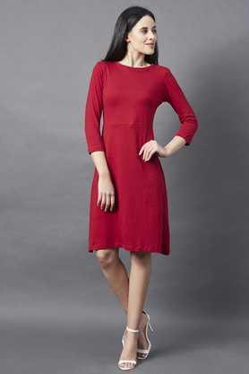 solid cotton round neck women's midi dress - maroon