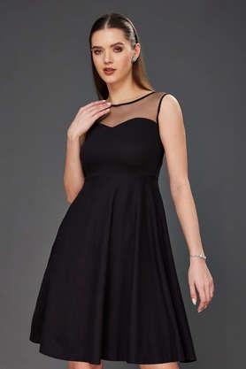 solid cotton round neck women's mini dress - black