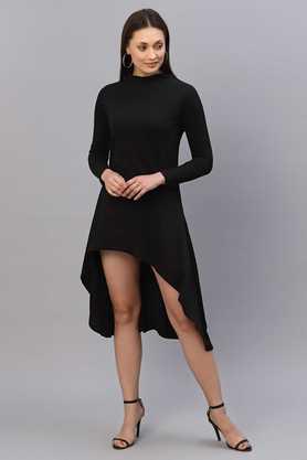 solid cotton round neck women's mini dress - black