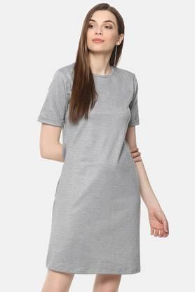 solid cotton round neck women's mini dress - grey