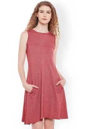 solid cotton round neck women's mini dress - red