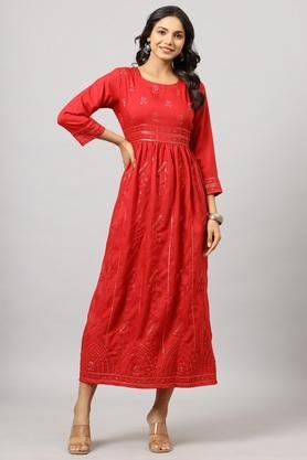solid cotton round neck women's regular ethnic dress - red