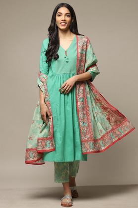 solid cotton round neck women's salwar kurta dupatta set - green