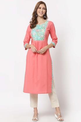 solid cotton round neck women's straight kurta - peach