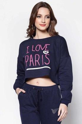 solid cotton round neck women's sweatshirt - navy