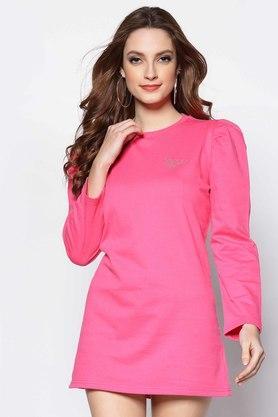 solid cotton round neck women's sweatshirt - pink