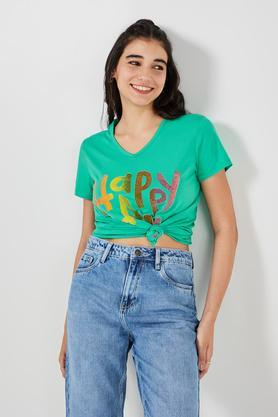 solid cotton round neck women's t-shirt - green