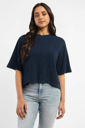 solid cotton round neck women's t-shirt - indigo