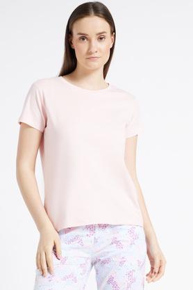 solid cotton round neck women's t-shirt - peach